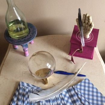Psychic tools and crystal ball on table